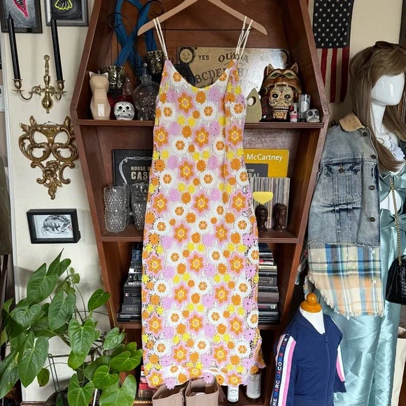 Zara - Midi Crochet Daisy Dress Orange Yellow Pink - size xs - Picture 5 of 8